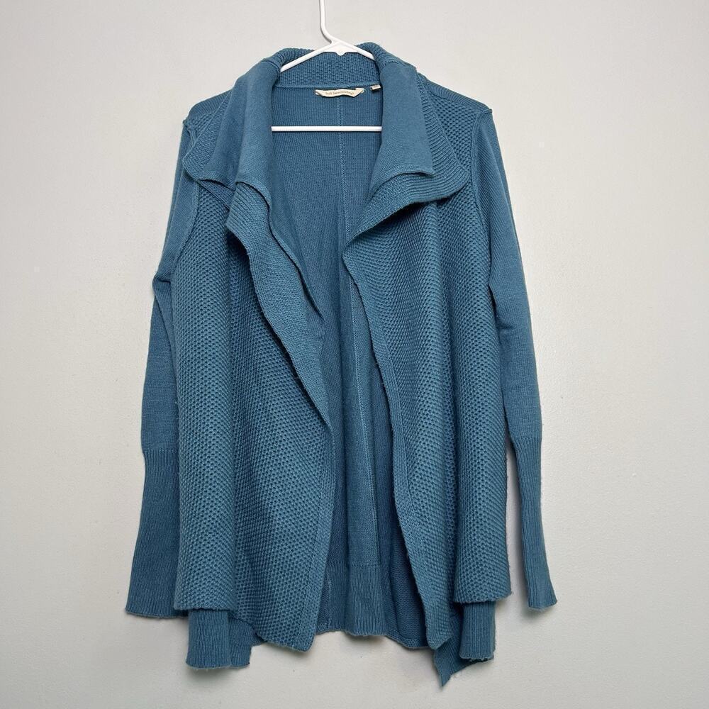 Soft Surroundings Women Waterfall Open Front Cardigan Ruffle Teal Sz L Wool Blen